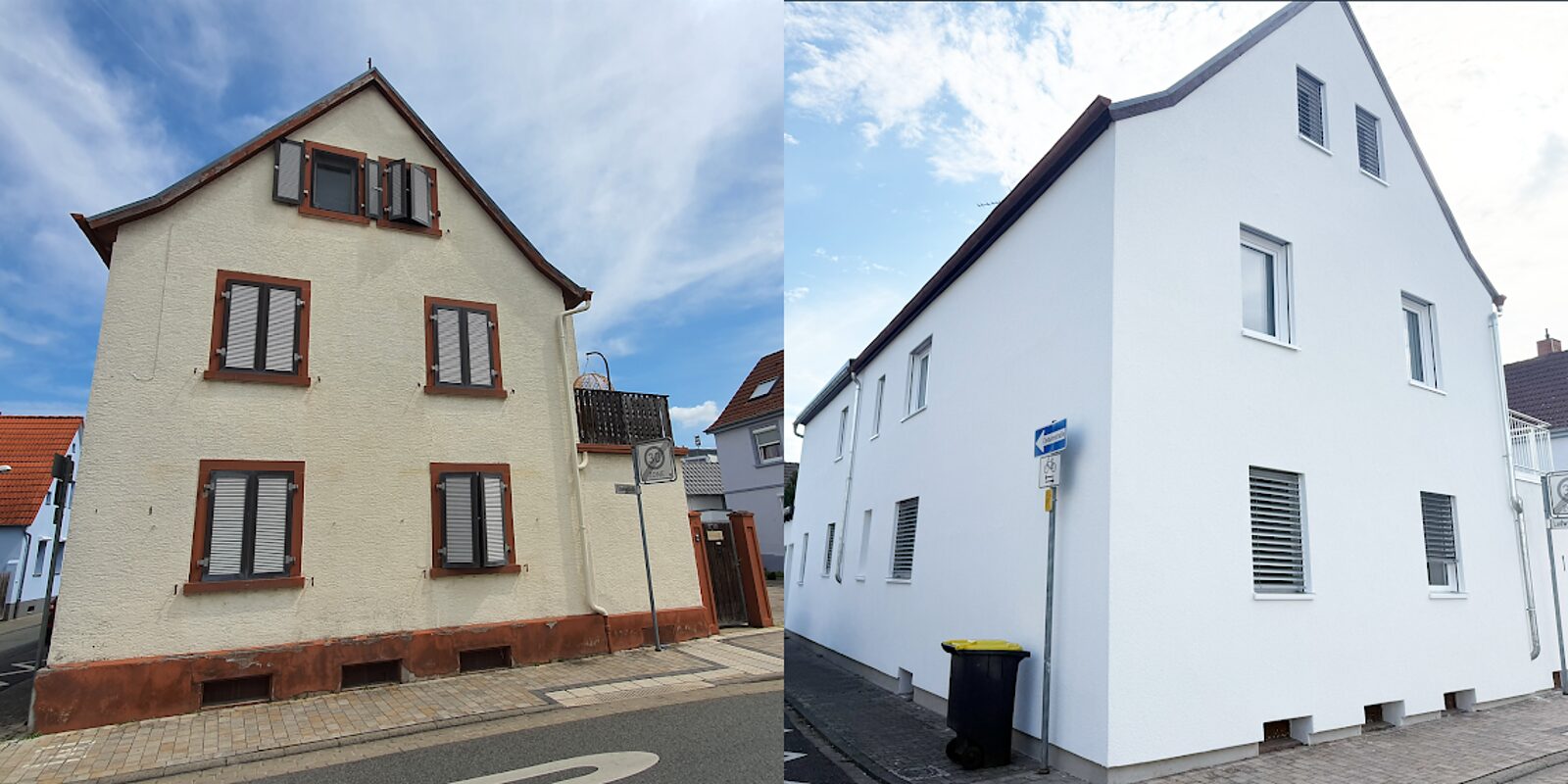 Wohnhaus in Riedstadt-Goddelau vor und nach der Sanierung: links beiger Altputz mit braunen Holzfenstern und Klappläden, rechts die gedämmte, weiß verputzte Fassade mit neuen Fenstern