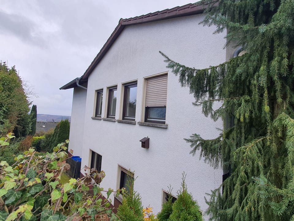 Seitenansicht des verputzten Hauses mit Rollläden, das Gelände fällt nach links zum Tal ab, rechts eine große Tanne