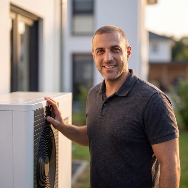 Ümit Uzun neben dem Außengerät einer Wärmepumpe