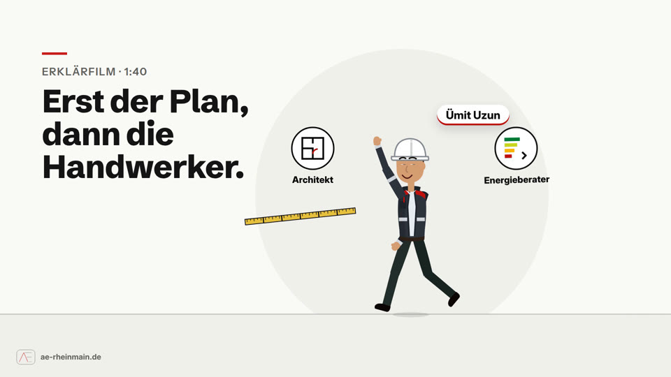 Erklärfilm, 1:40: Erst der Plan, dann die Handwerker. Zeichnung: Ümit Uzun, Architekt und Energieberater